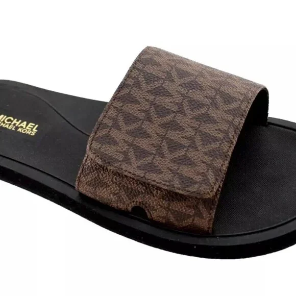 Michael Kors Wade Adjustable Slide Sandal Brown Logo Canvas NEW Sz 8 - Picture 2 of 8